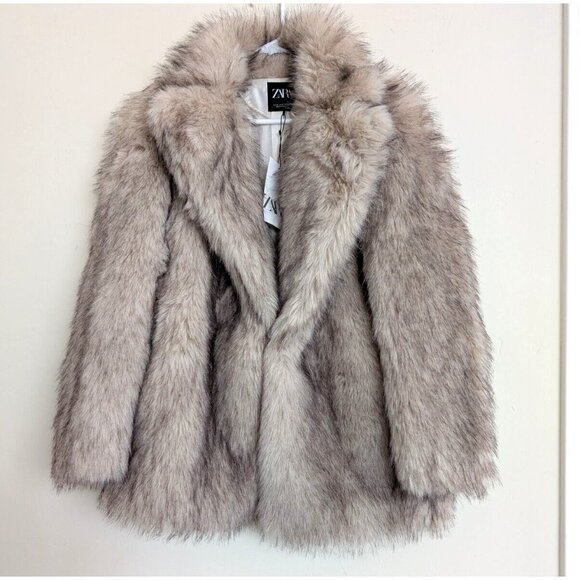 ZARA FAUX FUR COAT LAPEL COLLAR POCKETS ECRU brown Ombre  M 9941/870 - Picture 8 of 11